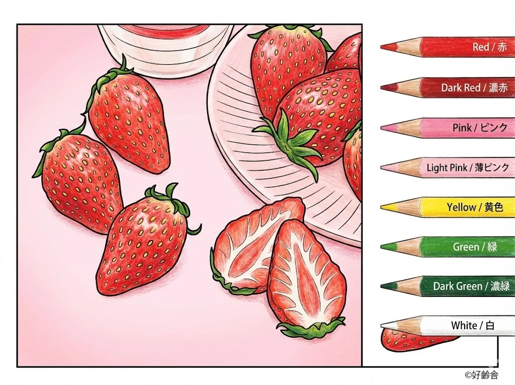いちご（完成見本） (Strawberry) ｜ 高齢者（g3b3）向け無料塗り絵｜美味しい食べ物イラスト