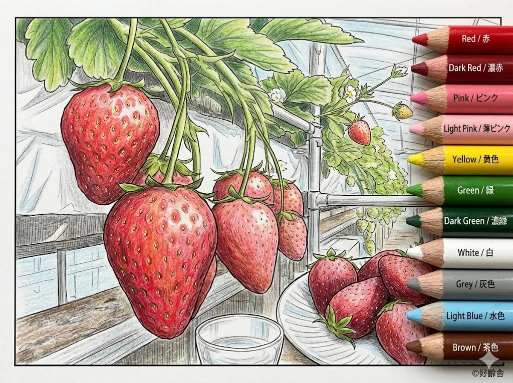 いちご（完成見本） (Strawberry) ｜ 高齢者（g3b3）向け無料塗り絵｜美味しい食べ物イラスト