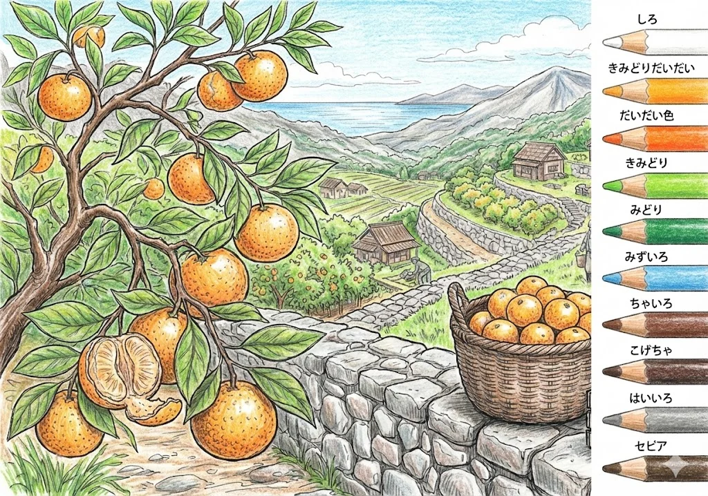 みかん（完成見本） (Mandarin Orange) ｜ 高齢者（g3b3）向け無料塗り絵｜美味しい食べ物イラスト