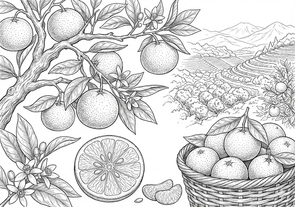 みかん (Mandarin Orange) ｜ 高齢者（g3b3）向け無料塗り絵｜美味しい食べ物イラスト
