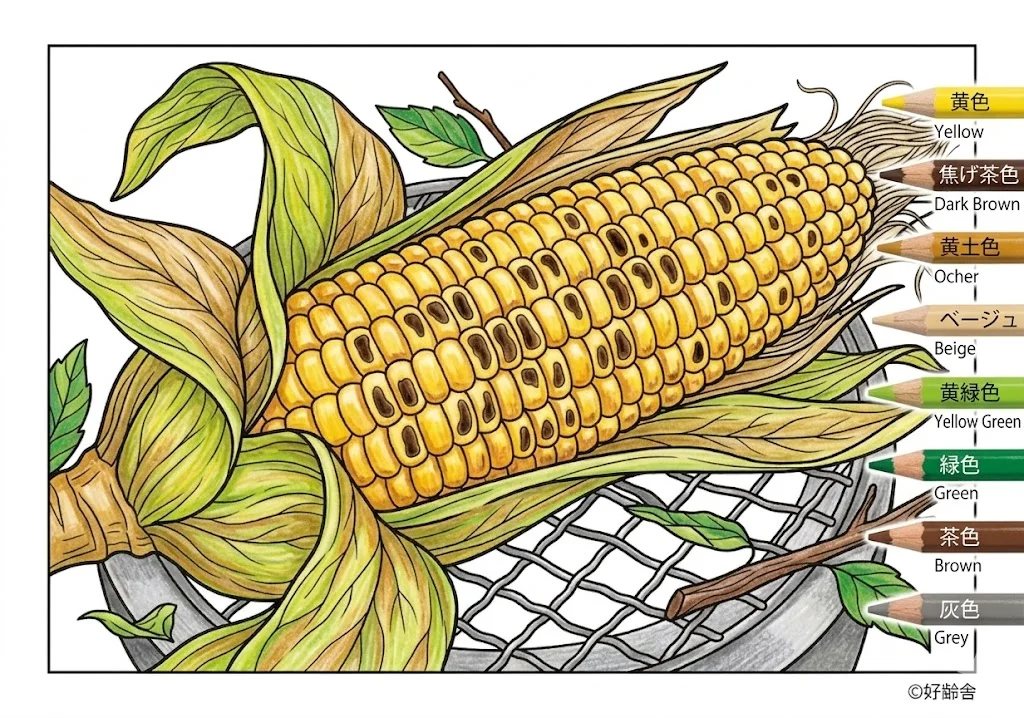 とうもろこしの塗り絵の塗り絵 完成見本