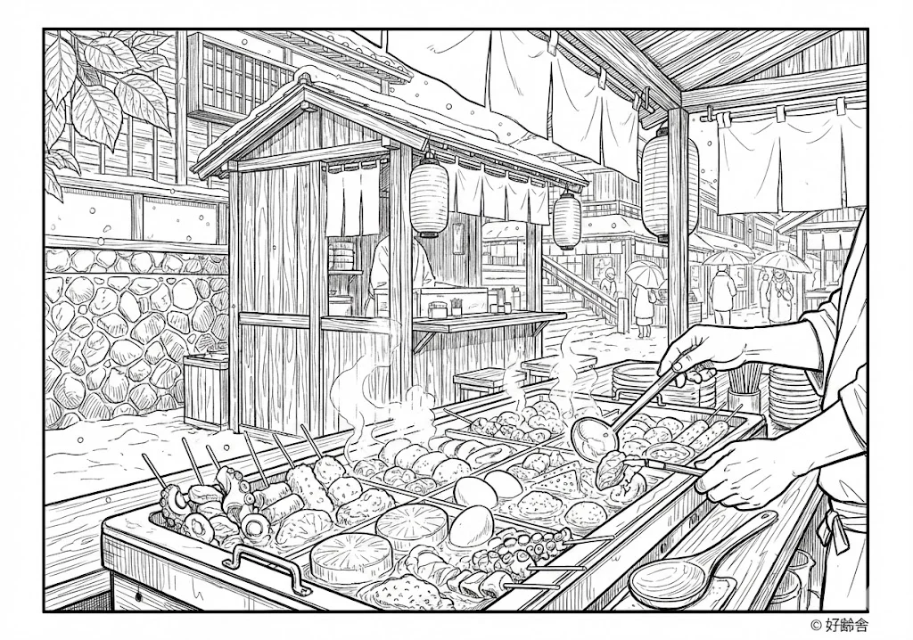 おでん (Oden (Japanese Hot Pot)) ｜ 高齢者（g3b3）向け無料塗り絵｜美味しい食べ物イラスト