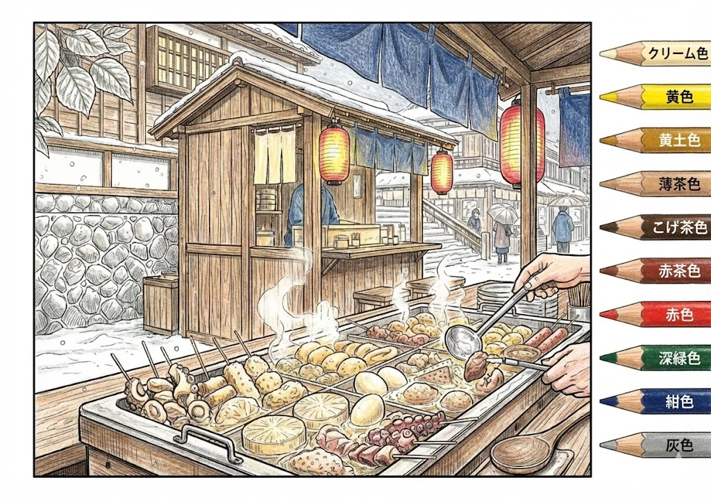 おでん（完成見本） (Oden (Japanese Hot Pot)) ｜ 高齢者（g3b3）向け無料塗り絵｜美味しい食べ物イラスト