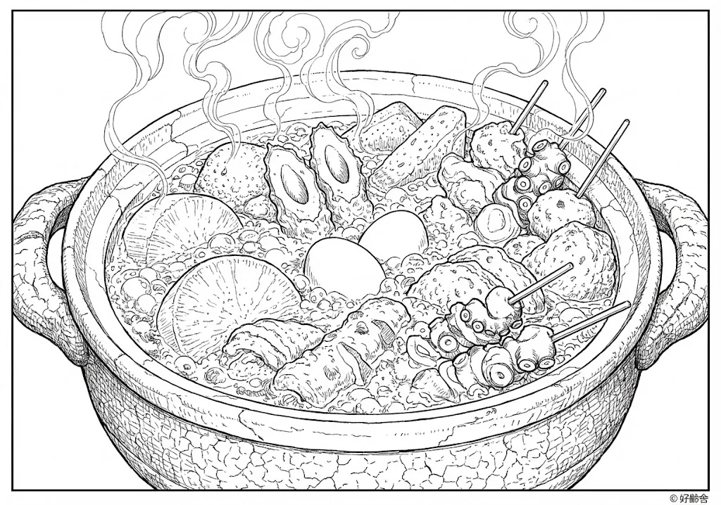 おでん (Oden (Japanese Hot Pot)) ｜ 高齢者（g3b3）向け無料塗り絵｜美味しい食べ物イラスト