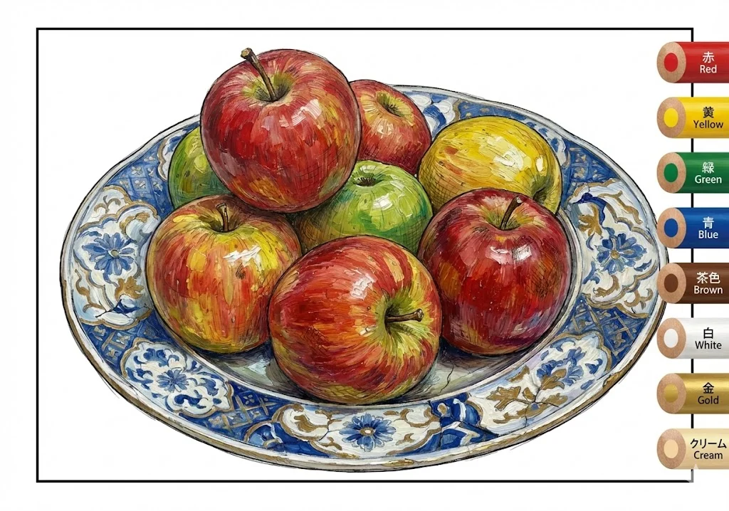 りんご（完成見本） (Apple) ｜ 高齢者（g3b3）向け無料塗り絵｜美味しい食べ物イラスト