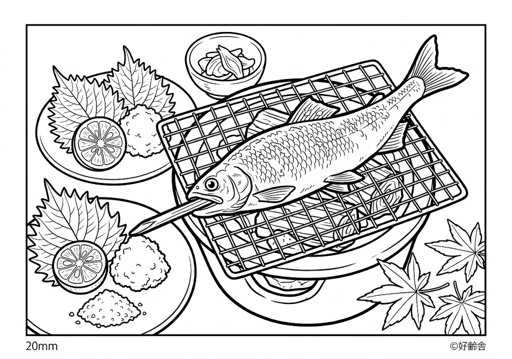 高齢者向け無料塗り絵：鮎の塩焼き（A4印刷用・脳トレ介護レク）