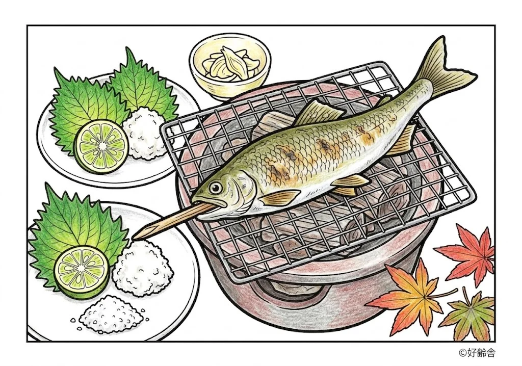 鮎の塩焼きの塗り絵 完成見本（カラーサンプル・高齢者レク用）