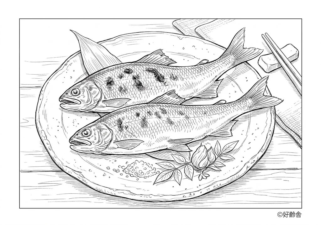 高齢者向け無料塗り絵：鮎の塩焼き（A4印刷用・脳トレ介護レク）