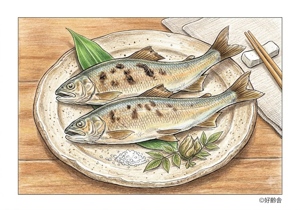 鮎の塩焼きの塗り絵 完成見本（カラーサンプル・高齢者レク用）