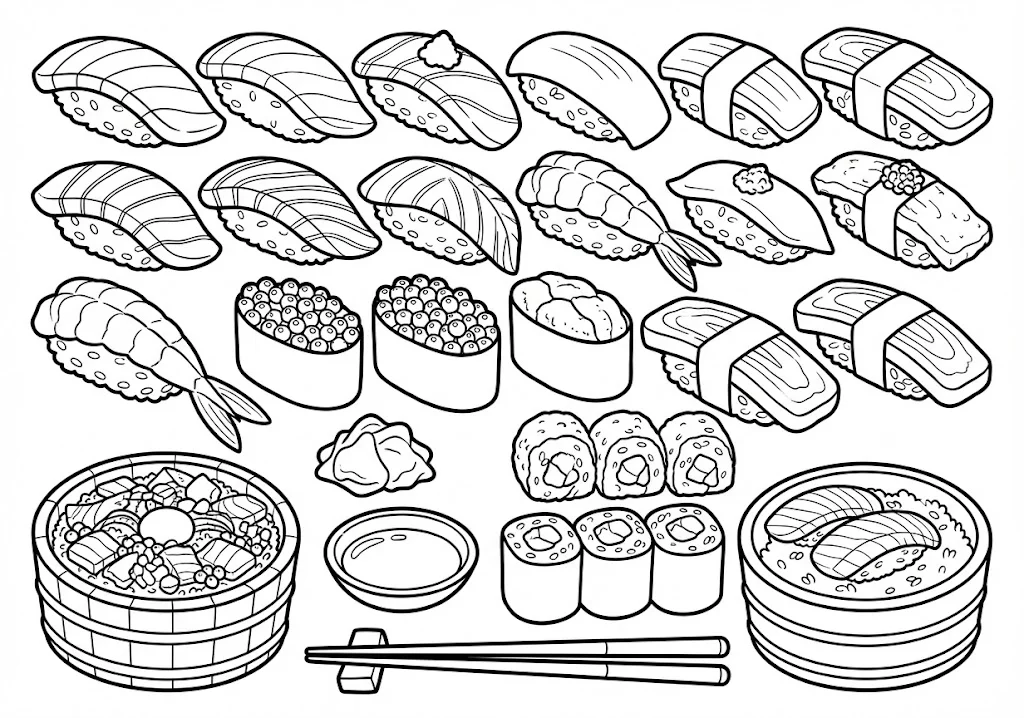 寿司 (Sushi (Japanese Rice Dish)) ｜ 高齢者（g3b3）向け無料塗り絵｜美味しい食べ物イラスト