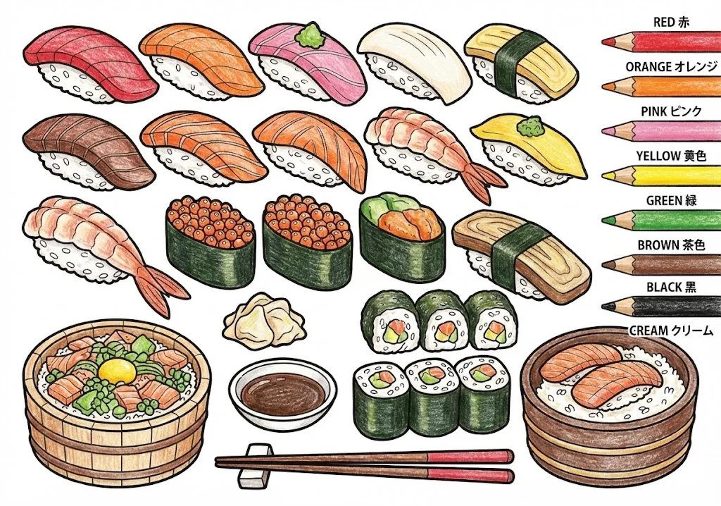 寿司（完成見本） (Sushi (Japanese Rice Dish)) ｜ 高齢者（g3b3）向け無料塗り絵｜美味しい食べ物イラスト