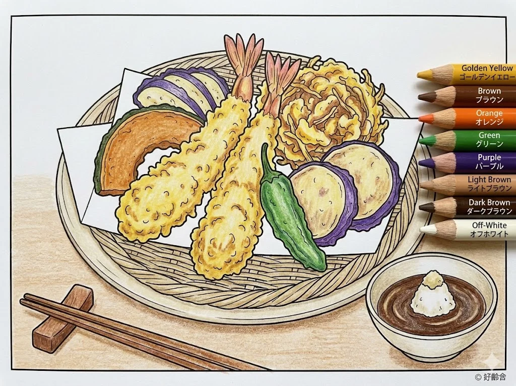 天ぷら（完成見本） (Tempura (Deep-fried Seafood & Vegetables)) ｜ 高齢者（g3b3）向け無料塗り絵｜美味しい食べ物イラスト