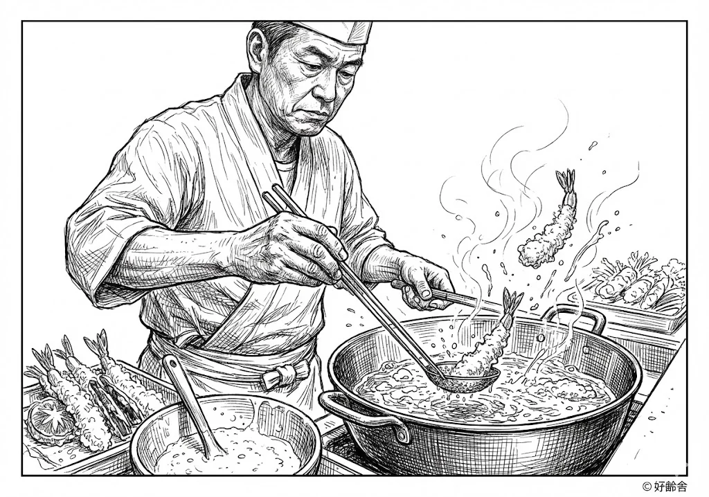 天ぷら (Tempura (Deep-fried Seafood & Vegetables)) ｜ 高齢者（g3b3）向け無料塗り絵｜美味しい食べ物イラスト