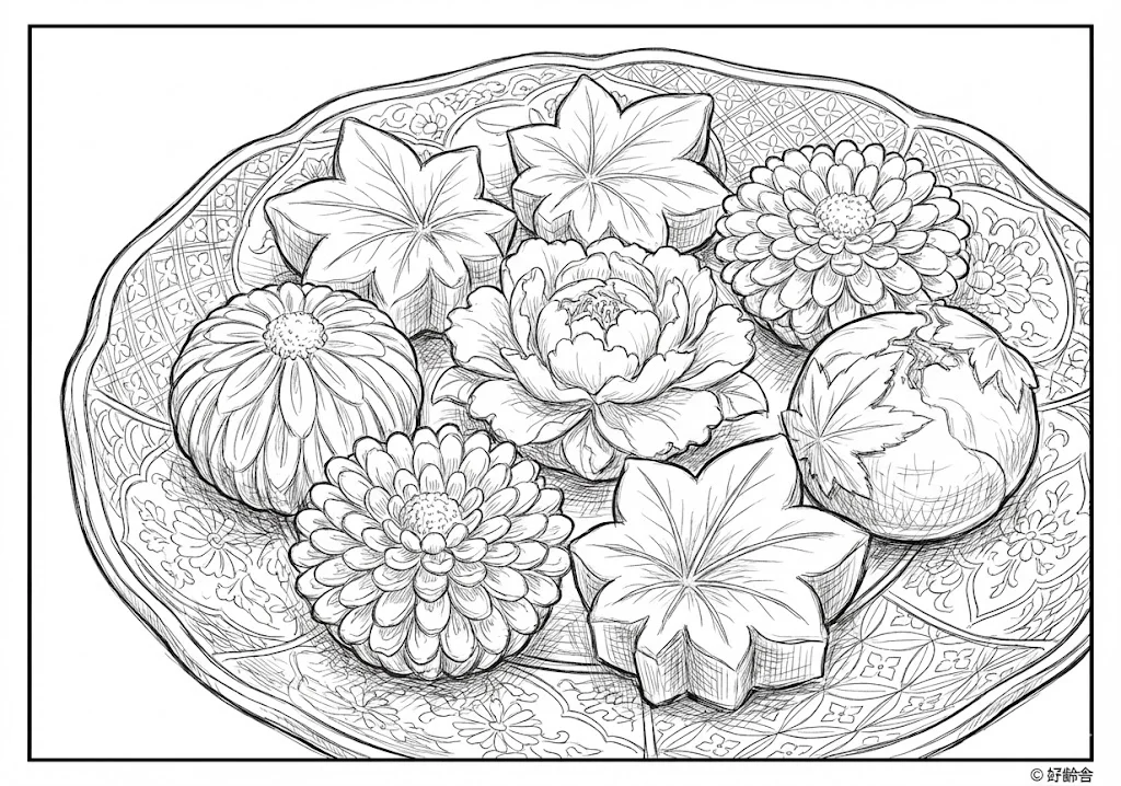 和菓子 (Wagashi (Traditional Japanese Sweets)) ｜ 高齢者（g3b3）向け無料塗り絵｜美味しい食べ物イラスト