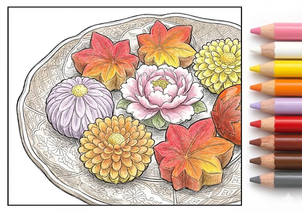 和菓子（完成見本） (Wagashi (Traditional Japanese Sweets)) ｜ 高齢者（g3b3）向け無料塗り絵｜美味しい食べ物イラスト