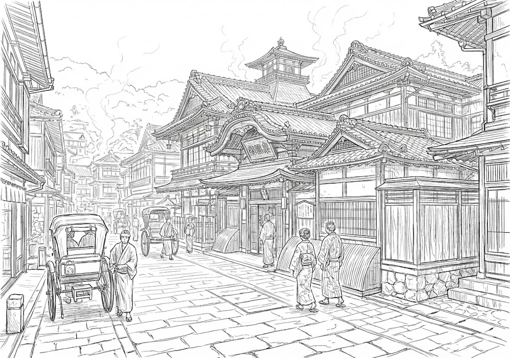 道後温泉の塗り絵の塗り絵（高齢者向け）