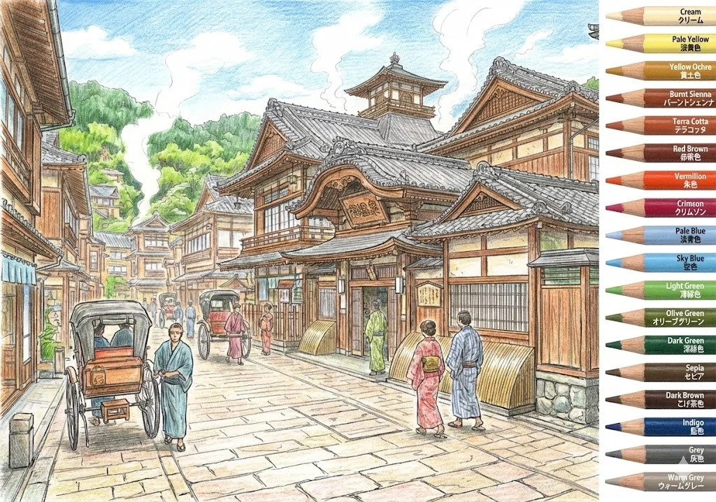道後温泉の塗り絵の塗り絵 完成見本