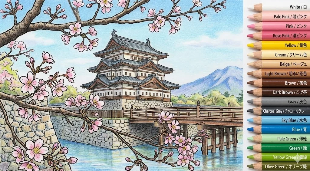 弘前城の塗り絵の塗り絵 完成見本