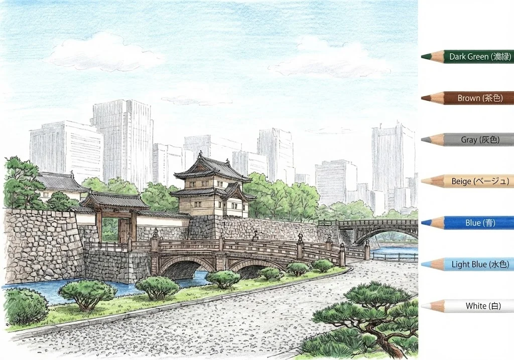 皇居の塗り絵の塗り絵 完成見本