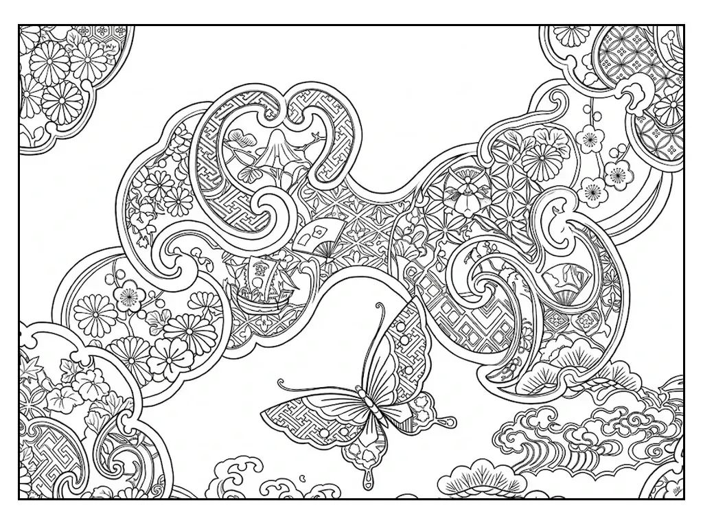 高齢者向け無料着物塗り絵：雲取りと蝶の着物（A4印刷用・脳トレ介護レク）