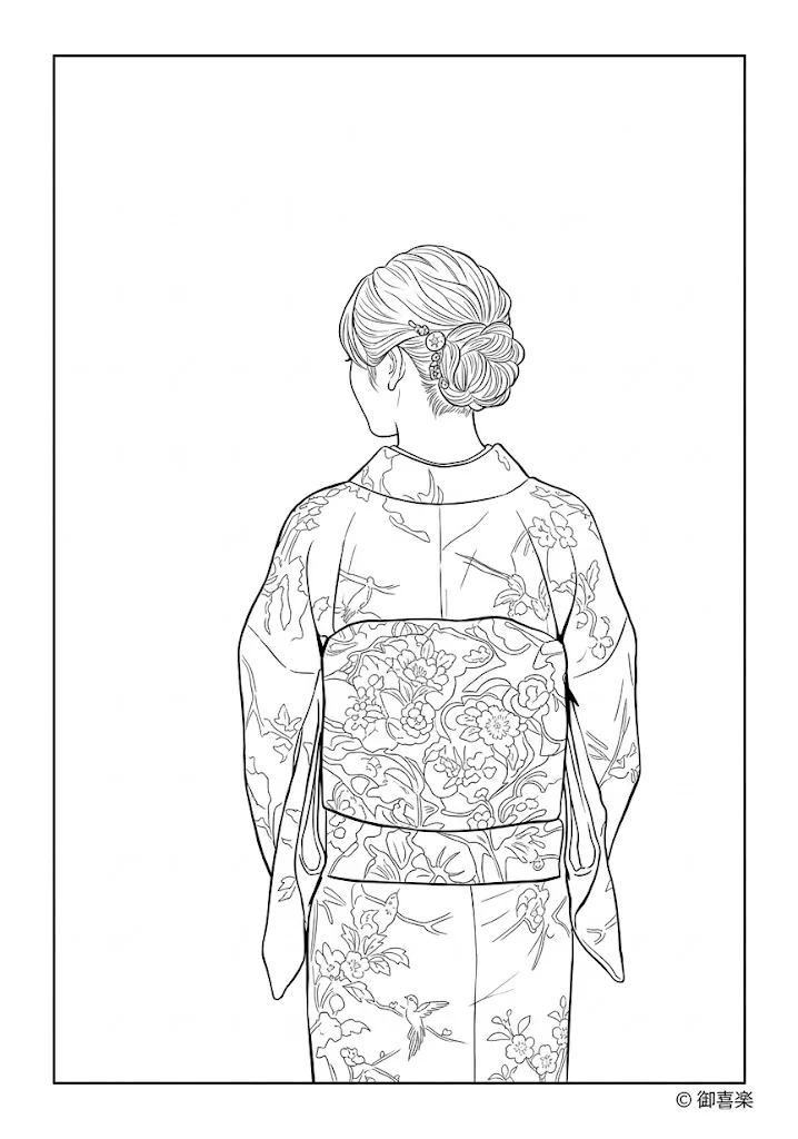 高齢者向け無料着物塗り絵：後ろ姿の着物