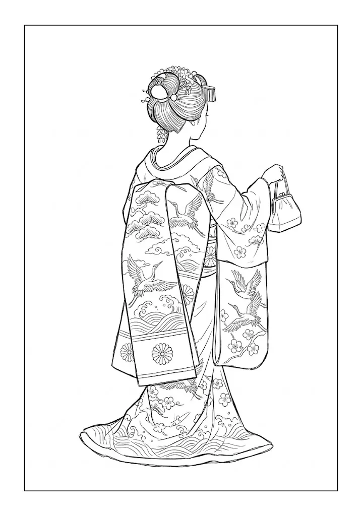 高齢者向け無料着物塗り絵：鶴の帯の舞妓（A4印刷用・脳トレ介護レク）