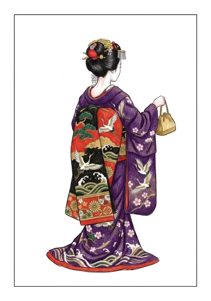 鶴の帯の舞妓の塗り絵 彩色見本