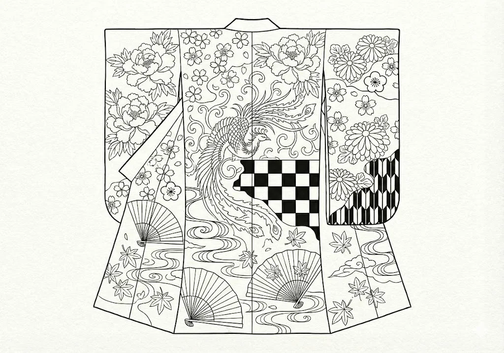高齢者向け無料着物塗り絵：鳳凰と扇の着物