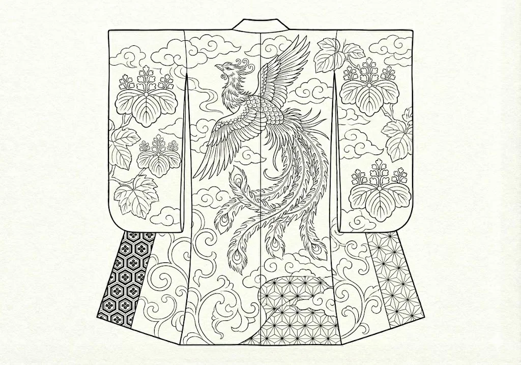 高齢者向け無料着物塗り絵：鳳凰と花文様