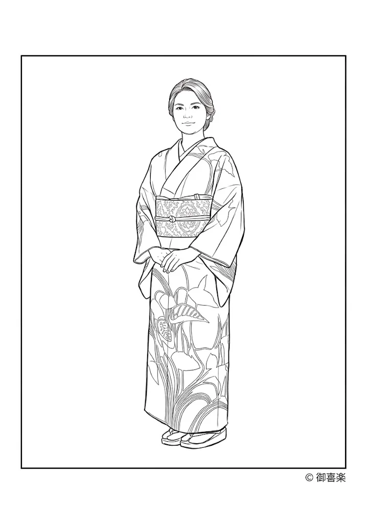 高齢者向け無料着物塗り絵：蓮文様の着物