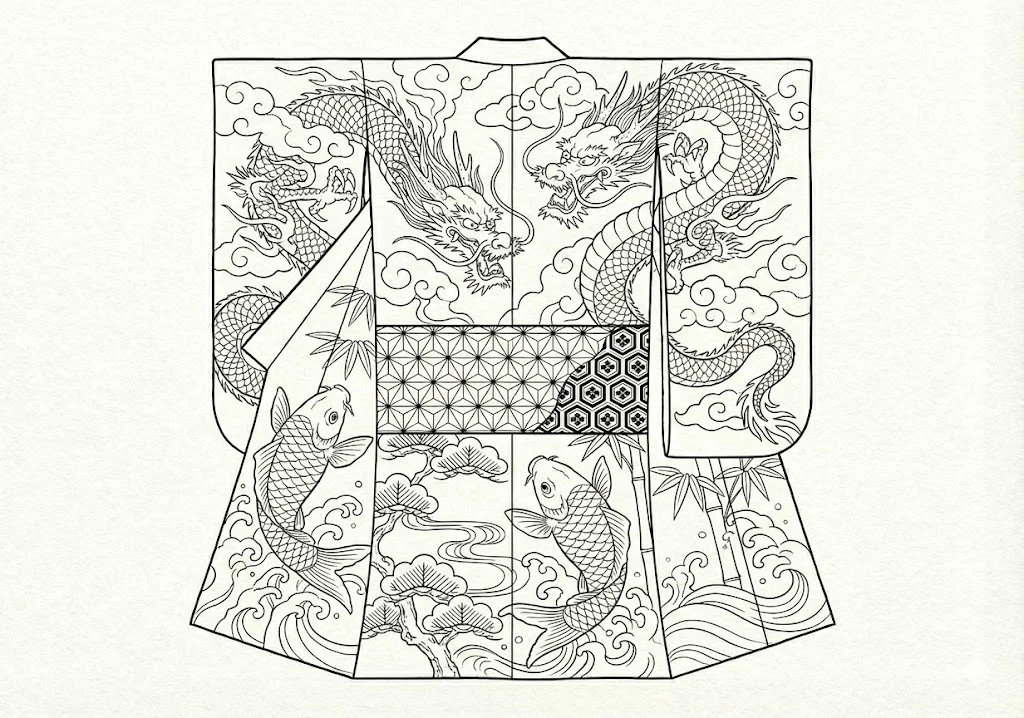 高齢者向け無料着物塗り絵：龍と鯉の着物