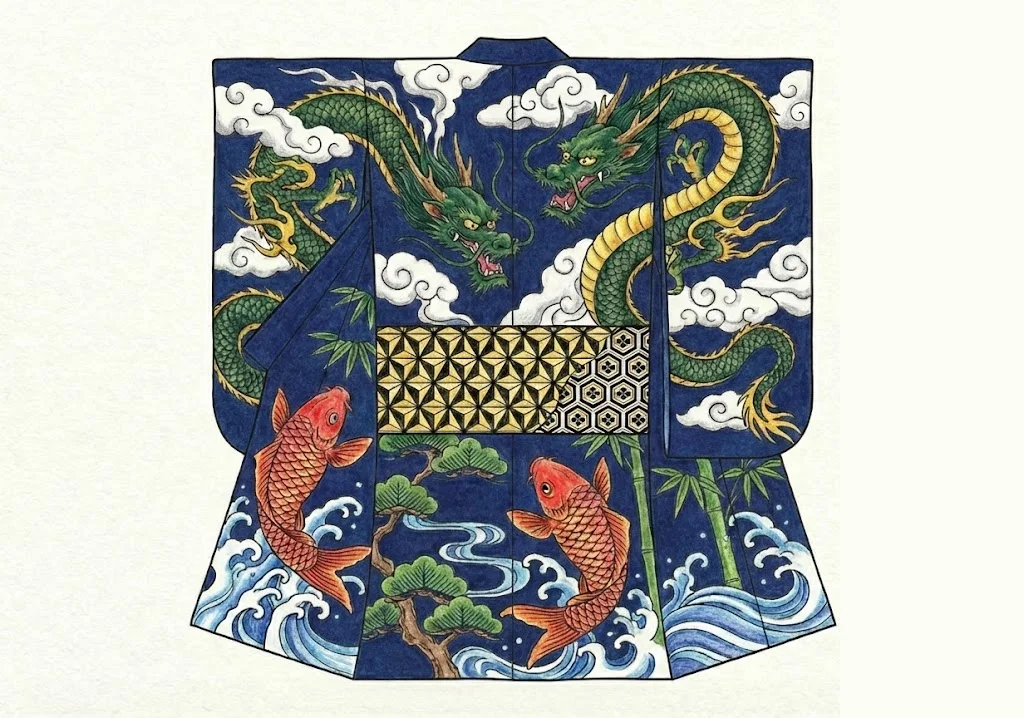 彩色見本：龍と鯉の着物