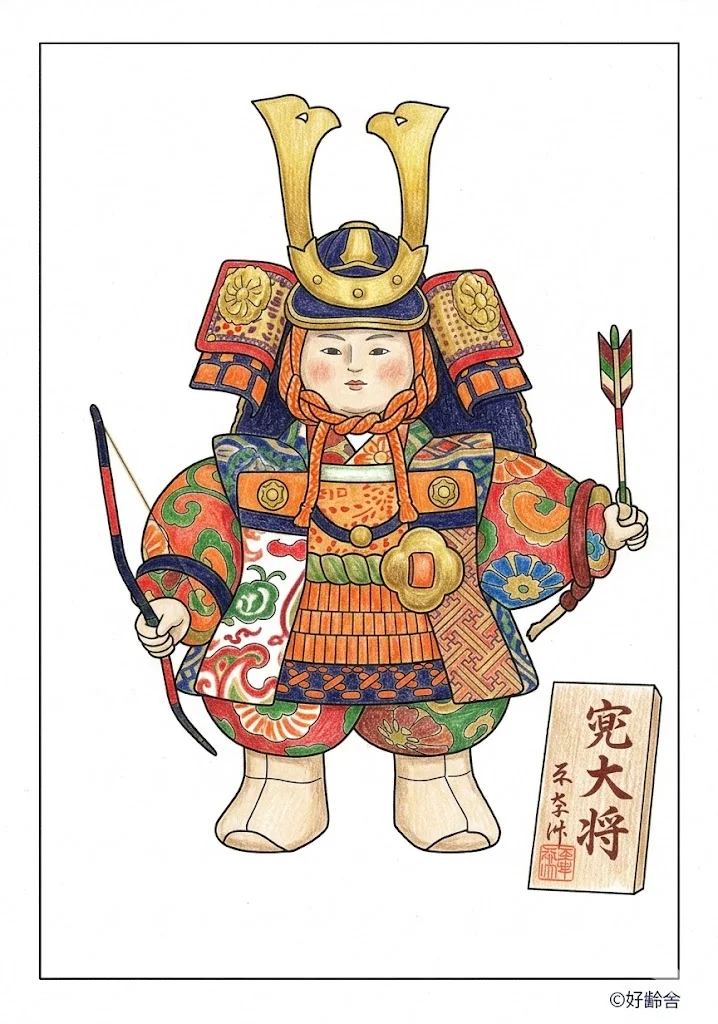 五月人形（兜・鎧）の塗り絵の塗り絵 完成見本