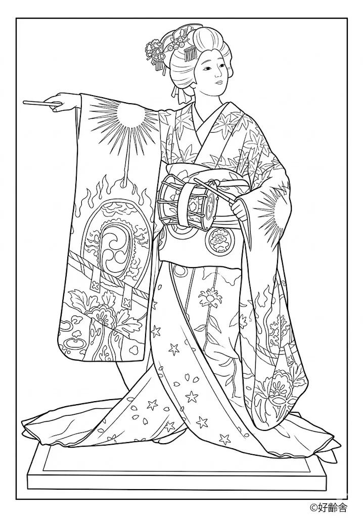 日本人形（立ち姿）の塗り絵の塗り絵（高齢者向け）