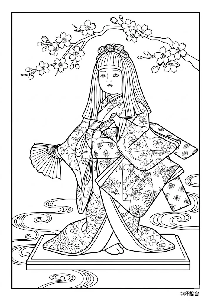 日本人形（座り姿）の塗り絵の塗り絵（高齢者向け）