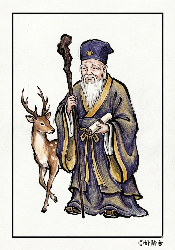 七福神（寿老人）（完成見本） ｜ 高齢者（g3b3）向け無料塗り絵