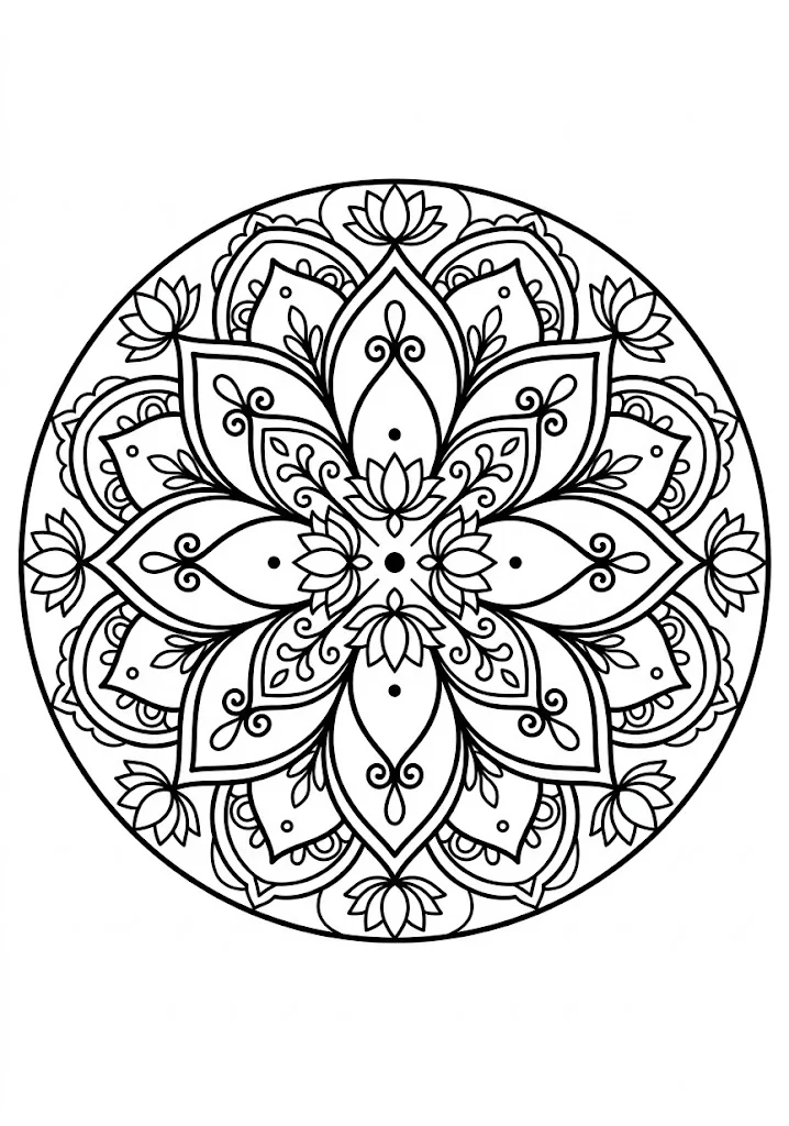 高齢者向け無料塗り絵：蓮の曼荼羅（A4印刷用・脳トレ介護レク）