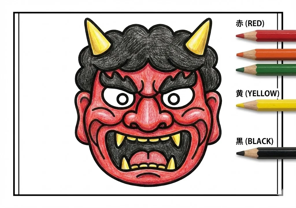 鬼の面（完成見本） ｜ 高齢者（g3b3）向け無料塗り絵