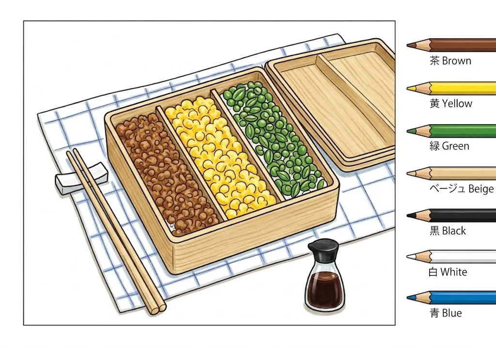 三色そぼろ弁当の塗り絵（彩色見本）