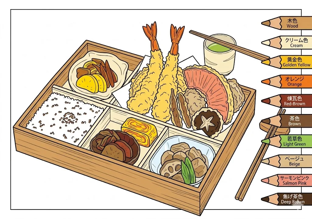 天ぷら弁当の塗り絵（彩色見本）