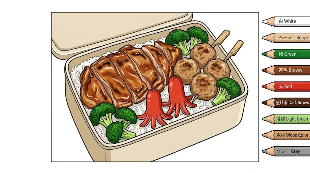 鶏の照り焼き弁当の塗り絵（彩色見本）