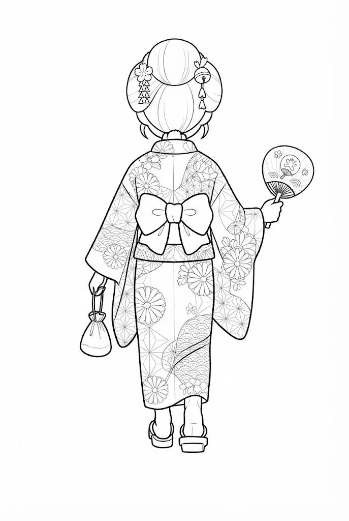 浴衣の女の子の塗り絵（下絵）