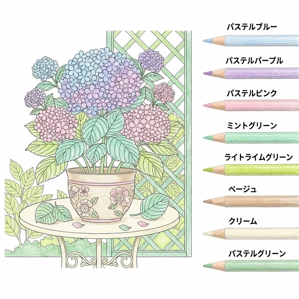 あじさいの塗り絵 完成見本（彩的な見本）