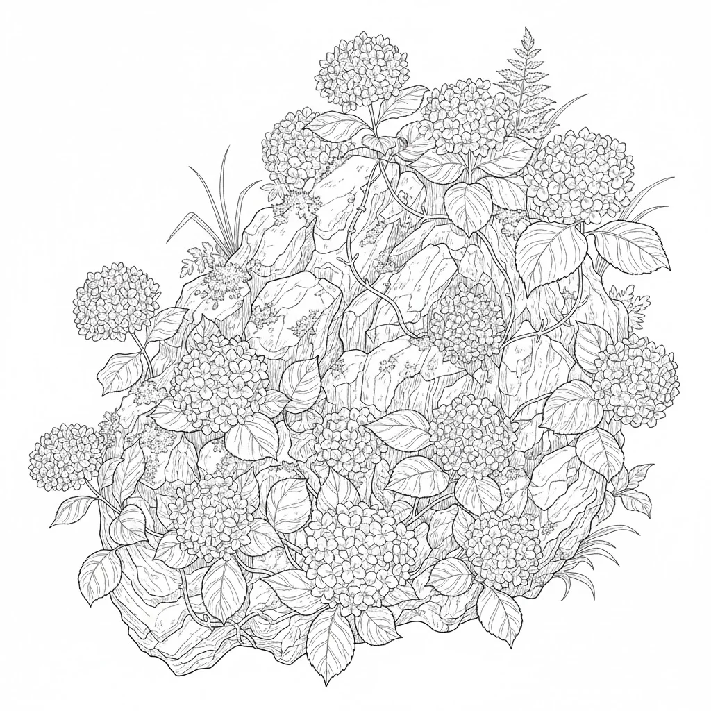 高齢者向け無料塗り絵：梅雨の季節を鮮やかに彩るしっとりとしたあじさい（上級・A4印刷用）