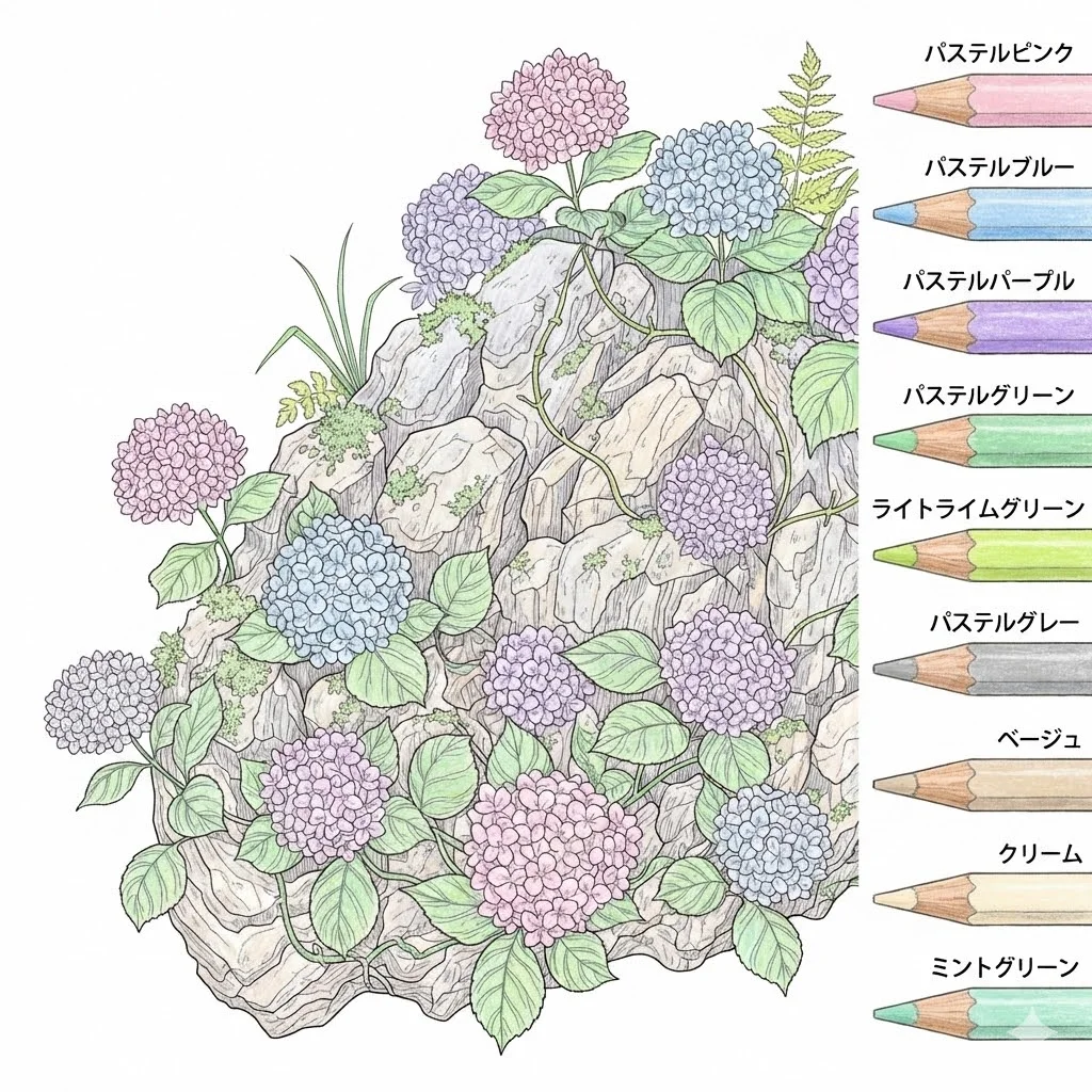 あじさいの塗り絵 完成見本（彩的な見本）