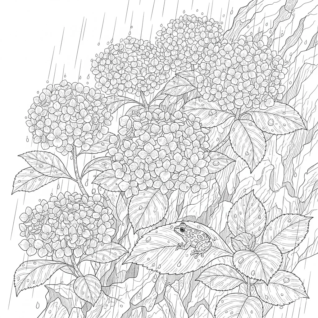 高齢者向け無料塗り絵：梅雨の季節を鮮やかに彩るしっとりとしたあじさい（芸術家・A4印刷用）