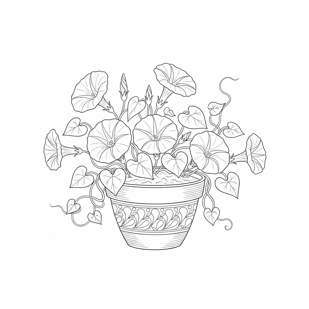 高齢者向け無料塗り絵：夏の朝を爽やかに彩る涼しげな朝顔（中級・A4印刷用）