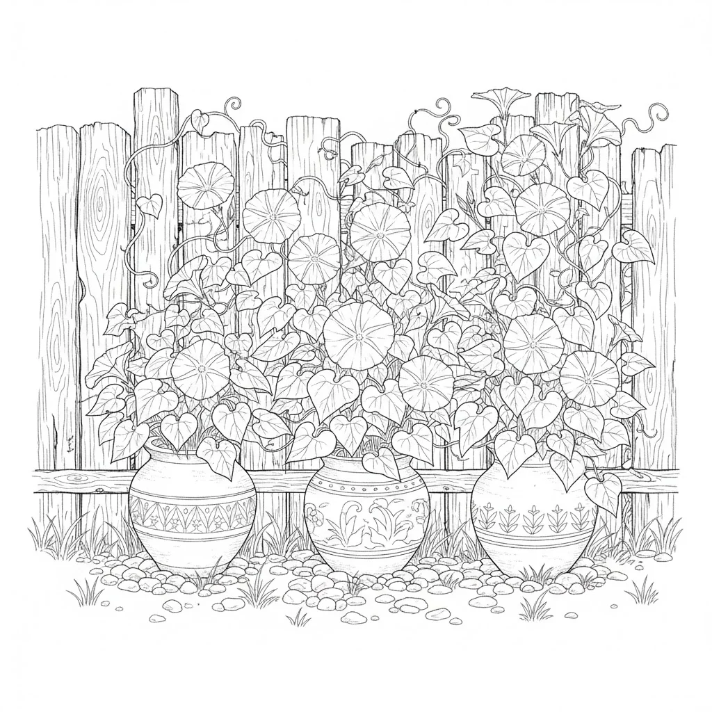 高齢者向け無料塗り絵：夏の朝を爽やかに彩る涼しげな朝顔（芸術家・A4印刷用）