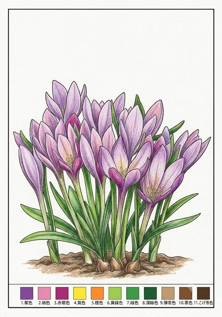 イヌサフランの塗り絵 完成見本（カラーサンプル・高齢者レク用）