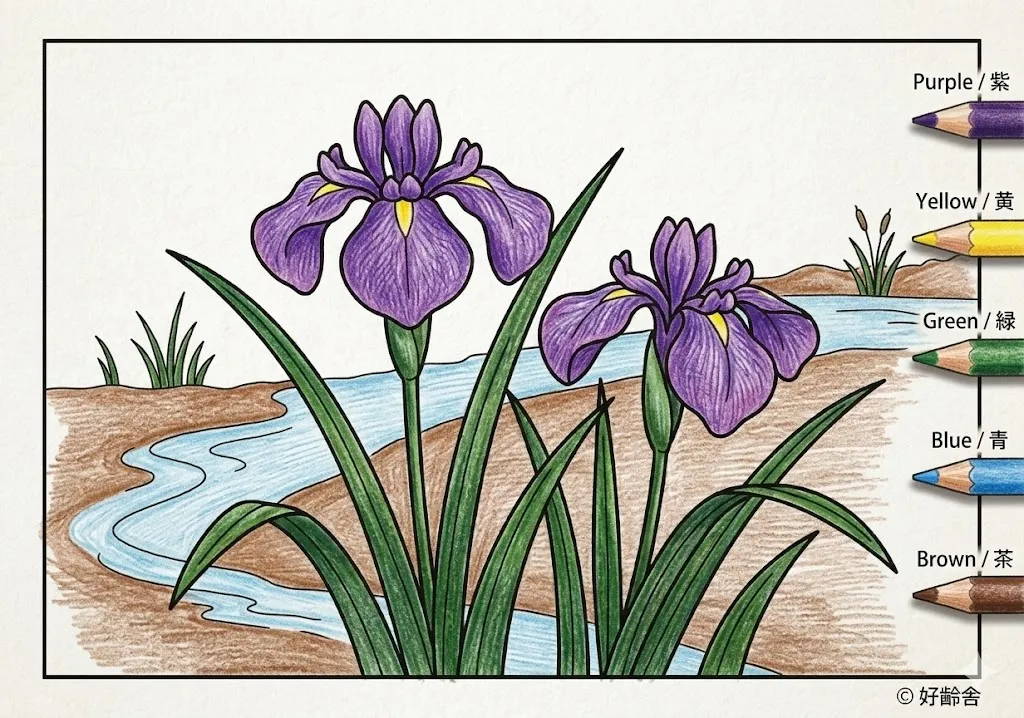 あやめの塗り絵 完成見本（彩色の見本）